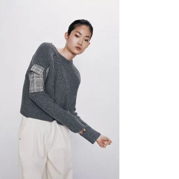 Zara Sweaters Zara Womens Size Small Grey Plaid Patchwork